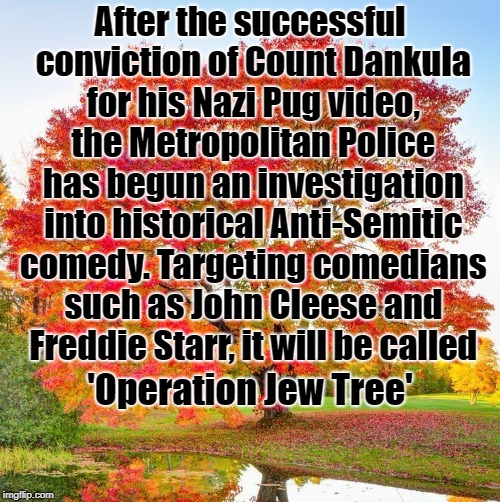 Tree | After the successful conviction of Count Dankula for his Nazi Pug video, the Metropolitan Police has begun an investigation into historical Anti-Semitic comedy.
Targeting comedians such as John Cleese and Freddie Starr, it will be called; 'Operation Jew Tree' | image tagged in tree | made w/ Imgflip meme maker