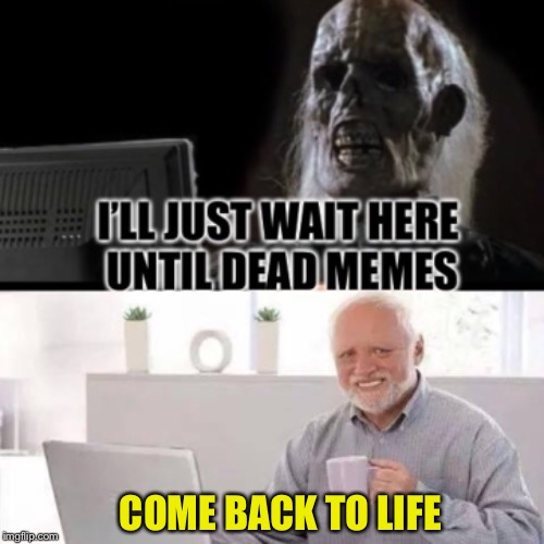 Dead memes week!  A thecoffeemaster and SilicaSandwhich event! (March 23rd-29th) | COME BACK TO LIFE | image tagged in ill just wait here,hide the pain harold,dead memes week,funny memes | made w/ Imgflip meme maker