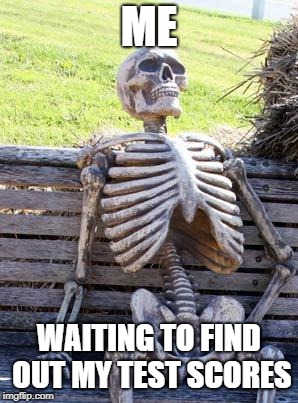Waiting Skeleton | ME; WAITING TO FIND OUT MY TEST SCORES | image tagged in memes,waiting skeleton | made w/ Imgflip meme maker