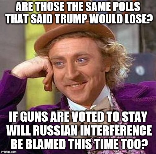 Creepy Condescending Wonka Meme | ARE THOSE THE SAME POLLS THAT SAID TRUMP WOULD LOSE? IF GUNS ARE VOTED TO STAY WILL RUSSIAN INTERFERENCE BE BLAMED THIS TIME TOO? | image tagged in memes,creepy condescending wonka | made w/ Imgflip meme maker