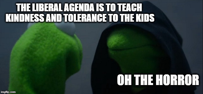 Evil Kermit Meme | THE LIBERAL AGENDA IS TO TEACH KINDNESS AND TOLERANCE TO THE KIDS; OH THE HORROR | image tagged in memes,evil kermit | made w/ Imgflip meme maker