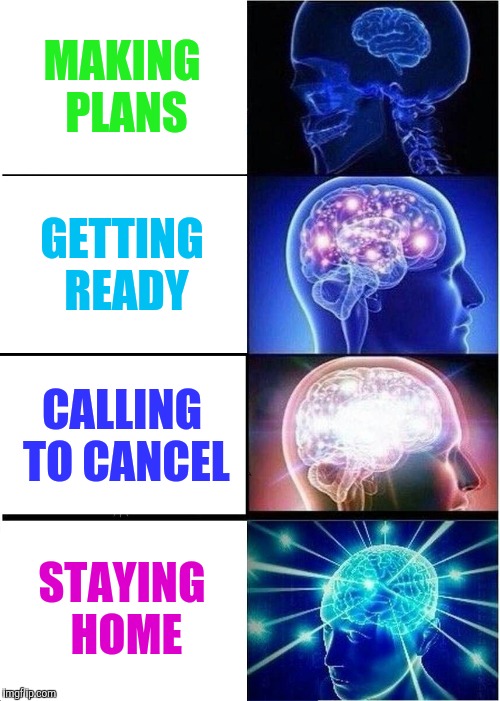 Expanding Brain Meme | MAKING PLANS; GETTING READY; CALLING TO CANCEL; STAYING HOME | image tagged in memes,expanding brain | made w/ Imgflip meme maker