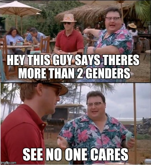 See Nobody Cares | HEY THIS GUY SAYS THERES MORE THAN 2 GENDERS; SEE NO ONE CARES | image tagged in memes,see nobody cares | made w/ Imgflip meme maker