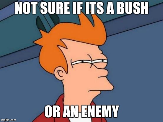 Futurama Fry | NOT SURE IF ITS A BUSH; OR AN ENEMY | image tagged in memes,futurama fry | made w/ Imgflip meme maker