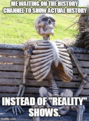 Waiting Skeleton Meme | ME WAITING ON THE HISTORY CHANNEL TO SHOW ACTUAL HISTORY; INSTEAD OF "REALITY" SHOWS. | image tagged in memes,waiting skeleton | made w/ Imgflip meme maker