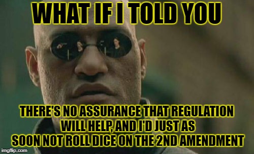 Matrix Morpheus Meme | WHAT IF I TOLD YOU THERE'S NO ASSURANCE THAT REGULATION WILL HELP, AND I'D JUST AS SOON NOT ROLL DICE ON THE 2ND AMENDMENT | image tagged in memes,matrix morpheus | made w/ Imgflip meme maker