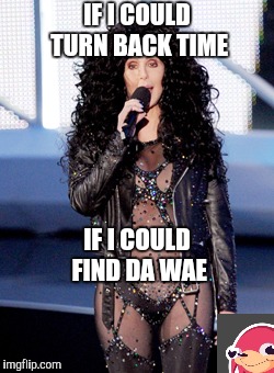 Come back cher | IF I COULD TURN BACK TIME; IF I COULD FIND DA WAE | image tagged in cher,da wae,wrong lyrics | made w/ Imgflip meme maker