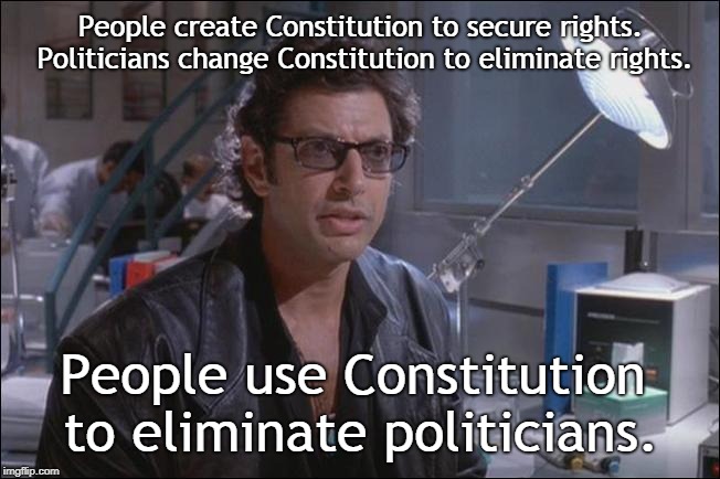 Constitution | People create Constitution to secure rights. Politicians change Constitution to eliminate rights. People use Constitution to eliminate politicians. | image tagged in dr ian malcom jeff goldblum,rights,constitution,politicians | made w/ Imgflip meme maker