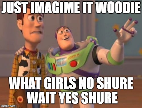 X, X Everywhere Meme | JUST IMAGIME IT WOODIE; WHAT GIRLS NO SHURE WAIT YES SHURE | image tagged in memes,x x everywhere | made w/ Imgflip meme maker