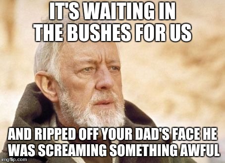 Obi Wan Kenobi Meme | IT'S WAITING IN THE BUSHES FOR US; AND RIPPED OFF YOUR DAD'S FACE
HE WAS SCREAMING SOMETHING AWFUL | image tagged in memes,obi wan kenobi | made w/ Imgflip meme maker