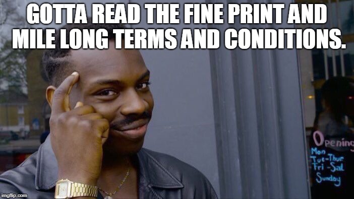 Roll Safe Think About It Meme | GOTTA READ THE FINE PRINT AND MILE LONG TERMS AND CONDITIONS. | image tagged in memes,roll safe think about it | made w/ Imgflip meme maker