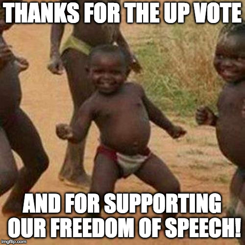 Third World Success Kid Meme | THANKS FOR THE UP VOTE AND FOR SUPPORTING OUR FREEDOM OF SPEECH! | image tagged in memes,third world success kid | made w/ Imgflip meme maker