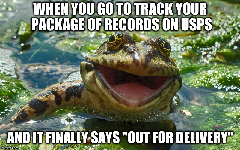 WHEN YOU GO TO TRACK YOUR PACKAGE OF RECORDS ON USPS; AND IT FINALLY SAYS "OUT FOR DELIVERY" | image tagged in happy frog | made w/ Imgflip meme maker