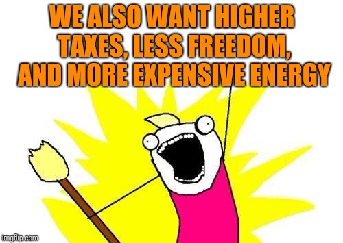 X All The Y Meme | WE ALSO WANT HIGHER TAXES, LESS FREEDOM, AND MORE EXPENSIVE ENERGY | image tagged in memes,x all the y | made w/ Imgflip meme maker