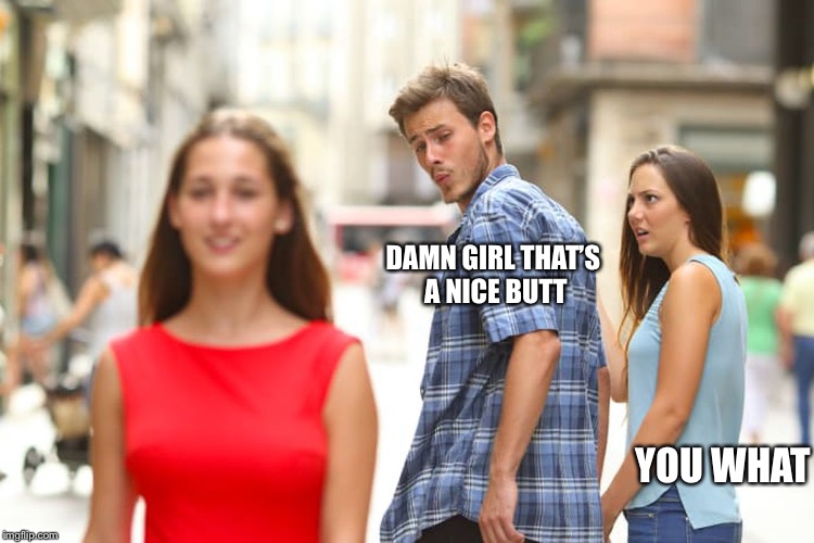 Distracted Boyfriend | DAMN GIRL THAT’S A NICE BUTT; YOU WHAT | image tagged in memes,distracted boyfriend | made w/ Imgflip meme maker