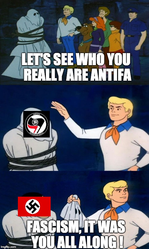 Scooby Doo The Ghost | LET'S SEE WHO YOU REALLY ARE ANTIFA; FASCISM, IT WAS YOU ALL ALONG ! | image tagged in scooby doo the ghost | made w/ Imgflip meme maker