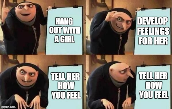 It's always so nerve-racking... | HANG OUT WITH A GIRL; DEVELOP FEELINGS FOR HER; TELL HER HOW YOU FEEL; TELL HER HOW YOU FEEL | image tagged in gru's plan,nervous,dating | made w/ Imgflip meme maker