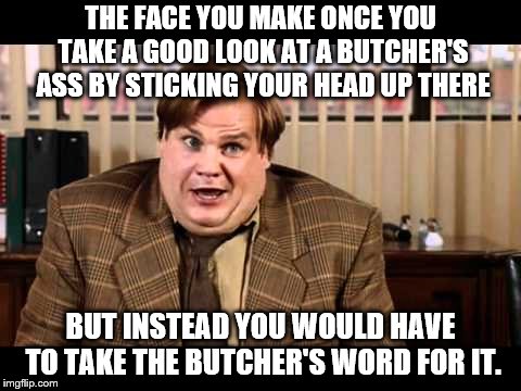 Tommy Boy | THE FACE YOU MAKE ONCE YOU TAKE A GOOD LOOK AT A BUTCHER'S ASS BY STICKING YOUR HEAD UP THERE; BUT INSTEAD YOU WOULD HAVE TO TAKE THE BUTCHER'S WORD FOR IT. | image tagged in tommy boy | made w/ Imgflip meme maker
