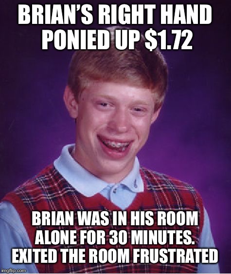 Bad Luck Brian Meme | BRIAN’S RIGHT HAND PONIED UP $1.72 BRIAN WAS IN HIS ROOM ALONE FOR 30 MINUTES.  EXITED THE ROOM FRUSTRATED | image tagged in memes,bad luck brian | made w/ Imgflip meme maker