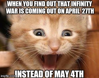 Excited Cat | WHEN YOU FIND OUT THAT INFINITY WAR IS COMING OUT ON APRIL
 27TH; INSTEAD OF MAY 4TH | image tagged in memes,excited cat | made w/ Imgflip meme maker