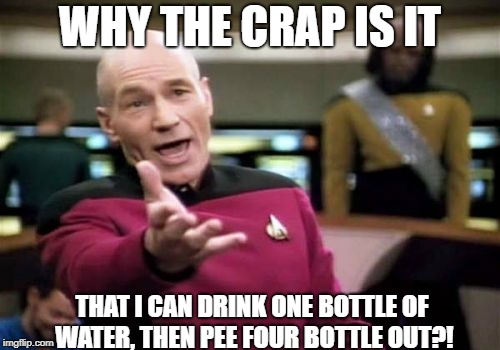 Picard Wtf | WHY THE CRAP IS IT; THAT I CAN DRINK ONE BOTTLE OF WATER, THEN PEE FOUR BOTTLE OUT?! | image tagged in memes,picard wtf | made w/ Imgflip meme maker