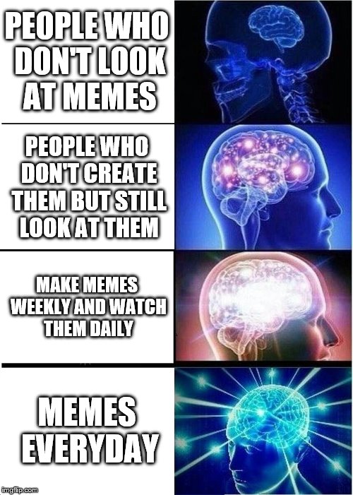 Expanding Brain | PEOPLE WHO DON'T LOOK AT MEMES; PEOPLE WHO DON'T CREATE THEM BUT STILL LOOK AT THEM; MAKE MEMES WEEKLY AND WATCH THEM DAILY; MEMES EVERYDAY | image tagged in memes,expanding brain | made w/ Imgflip meme maker