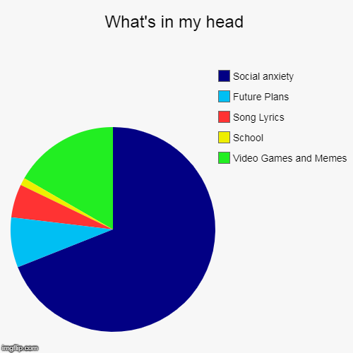 The random things in my brain. | What's in my head | Video Games and Memes, School, Song Lyrics, Future Plans, Social anxiety | image tagged in funny,pie charts | made w/ Imgflip chart maker