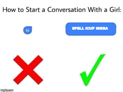 how to start a conversation with a girl (add text or image) | SPELL ICUP NIBBA | image tagged in how to start a conversation with a girl add text or image | made w/ Imgflip meme maker