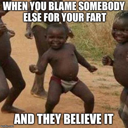Third World Success Kid Meme | WHEN YOU BLAME SOMEBODY ELSE FOR YOUR FART; AND THEY BELIEVE IT | image tagged in memes,third world success kid | made w/ Imgflip meme maker
