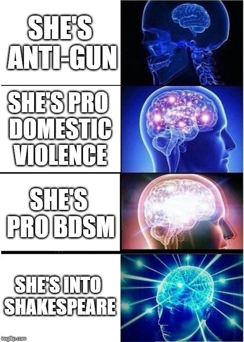 Expanding Brain Meme | SHE'S ANTI-GUN SHE'S PRO DOMESTIC VIOLENCE SHE'S PRO BDSM SHE'S INTO SHAKESPEARE | image tagged in memes,expanding brain | made w/ Imgflip meme maker