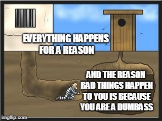 shit tunnel | EVERYTHING HAPPENS FOR A REASON; AND THE REASON BAD THINGS HAPPEN TO YOU IS BECAUSE YOU ARE A DUMBASS | image tagged in shit tunnel | made w/ Imgflip meme maker