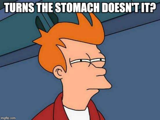 Futurama Fry Meme | TURNS THE STOMACH DOESN'T IT? | image tagged in memes,futurama fry | made w/ Imgflip meme maker