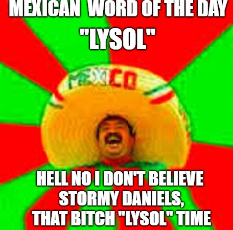 Mexican word of the day | MEXICAN  WORD OF THE DAY; "LYSOL"; HELL NO I DON'T BELIEVE STORMY DANIELS, THAT BITCH "LYSOL" TIME | image tagged in mexican word of the day,lysol | made w/ Imgflip meme maker