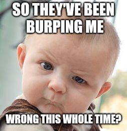 Skeptical Baby Meme | SO THEY'VE BEEN BURPING ME WRONG THIS WHOLE TIME? | image tagged in memes,skeptical baby | made w/ Imgflip meme maker