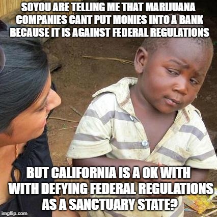 Third World Skeptical Kid | SOYOU ARE TELLING ME THAT MARIJUANA COMPANIES CANT PUT MONIES INTO A BANK BECAUSE IT IS AGAINST FEDERAL REGULATIONS; BUT CALIFORNIA IS A OK WITH  WITH DEFYING FEDERAL REGULATIONS AS A SANCTUARY STATE? | image tagged in memes,third world skeptical kid | made w/ Imgflip meme maker