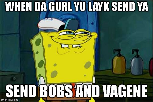 Don't You Squidward | WHEN DA GURL YU LAYK SEND YA; SEND BOBS AND VAGENE | image tagged in memes,dont you squidward | made w/ Imgflip meme maker