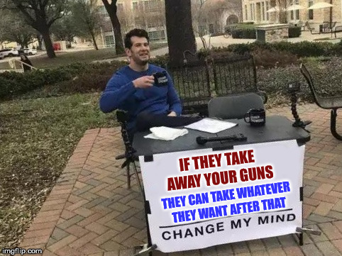 Change My Mind | IF THEY TAKE AWAY YOUR GUNS; THEY CAN TAKE WHATEVER THEY WANT AFTER THAT | image tagged in change my mind | made w/ Imgflip meme maker