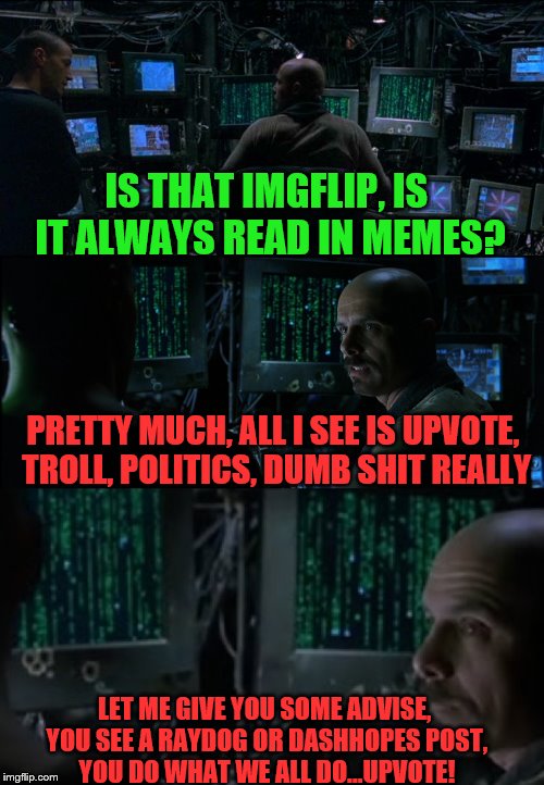 The IMGFL-IX is always read in memes | IS THAT IMGFLIP, IS IT ALWAYS READ IN MEMES? PRETTY MUCH, ALL I SEE IS UPVOTE, TROLL, POLITICS, DUMB SHIT REALLY; LET ME GIVE YOU SOME ADVISE, YOU SEE A RAYDOG OR DASHHOPES POST, YOU DO WHAT WE ALL DO...UPVOTE! | image tagged in welcome to the matrix,imgflip,imgflip humor,meanwhile on imgflip,raydog,dashhopes | made w/ Imgflip meme maker