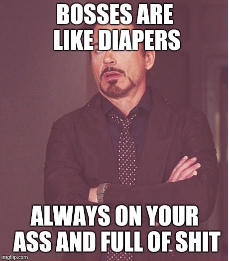 Face You Make Robert Downey Jr Meme | BOSSES ARE LIKE DIAPERS; ALWAYS ON YOUR ASS AND FULL OF SHIT | image tagged in memes,face you make robert downey jr | made w/ Imgflip meme maker