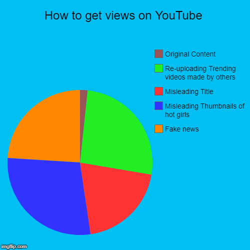How to get views | How to get views on YouTube | Fake news, Misleading Thumbnails of hot girls, Misleading Title, Re-uploading Trending videos made by others,  | image tagged in funny,pie charts,fake,thumbnail,trending,misleading | made w/ Imgflip chart maker