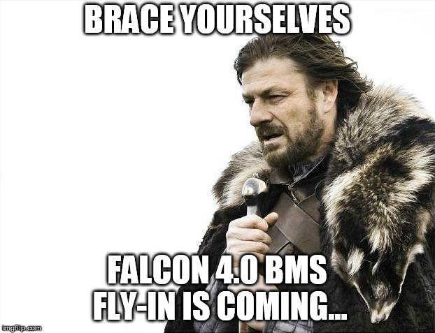 Brace Yourselves X is Coming Meme | BRACE YOURSELVES; FALCON 4.0
BMS FLY-IN IS COMING... | image tagged in memes,brace yourselves x is coming | made w/ Imgflip meme maker