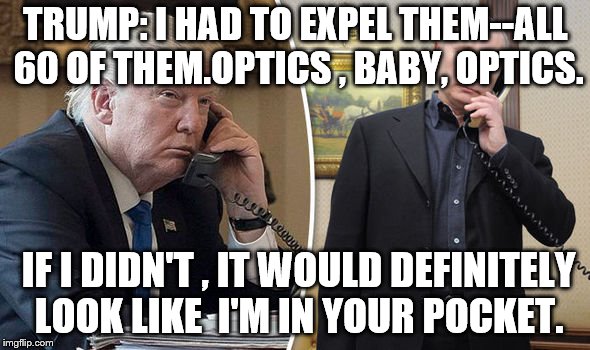 TRUMP: I HAD TO EXPEL THEM--ALL 60 OF THEM.OPTICS , BABY, OPTICS. IF I DIDN'T , IT WOULD DEFINITELY LOOK LIKE  I'M IN YOUR POCKET. | image tagged in trump putin phone call | made w/ Imgflip meme maker