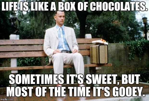 Life is gooey | LIFE IS LIKE A BOX OF CHOCOLATES. SOMETIMES IT'S SWEET, BUT MOST OF THE TIME IT'S GOOEY. | image tagged in forrest gump | made w/ Imgflip meme maker