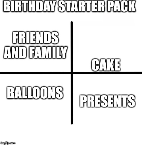 Blank Starter Pack | BIRTHDAY STARTER PACK; FRIENDS AND FAMILY; CAKE; BALLOONS; PRESENTS | image tagged in memes,blank starter pack | made w/ Imgflip meme maker