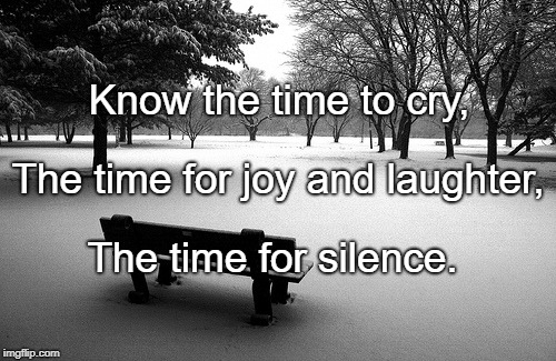 silence | Know the time to cry, The time for joy and laughter, The time for silence. | image tagged in silence | made w/ Imgflip meme maker