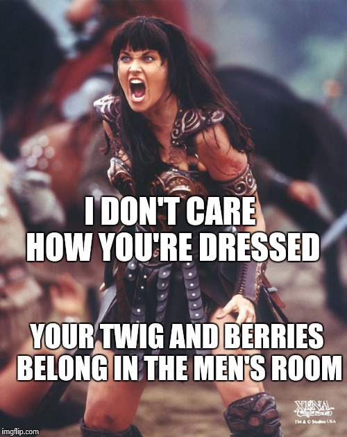 Xena is pissed | I DON'T CARE HOW YOU'RE DRESSED YOUR TWIG AND BERRIES BELONG IN THE MEN'S ROOM | image tagged in xena is pissed | made w/ Imgflip meme maker