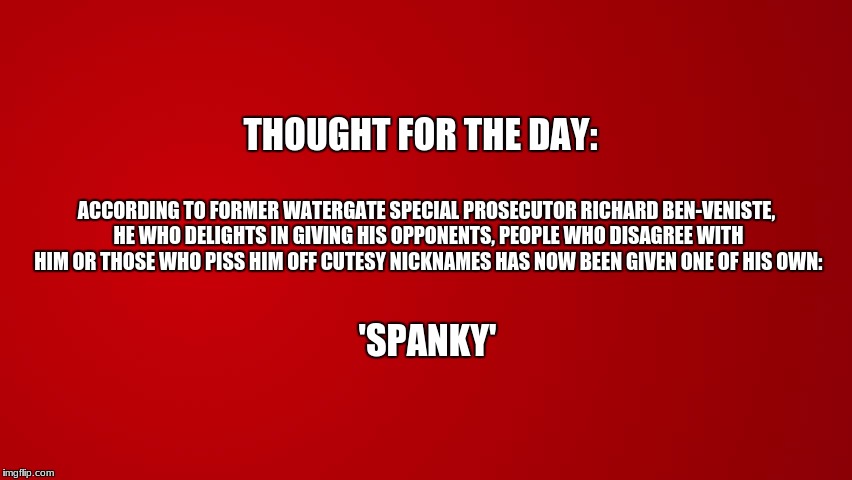 spanky | THOUGHT FOR THE DAY:; ACCORDING TO FORMER WATERGATE SPECIAL PROSECUTOR RICHARD BEN-VENISTE, HE WHO DELIGHTS IN GIVING HIS OPPONENTS, PEOPLE WHO DISAGREE WITH HIM OR THOSE WHO PISS HIM OFF CUTESY NICKNAMES HAS NOW BEEN GIVEN ONE OF HIS OWN:; 'SPANKY' | image tagged in memes | made w/ Imgflip meme maker