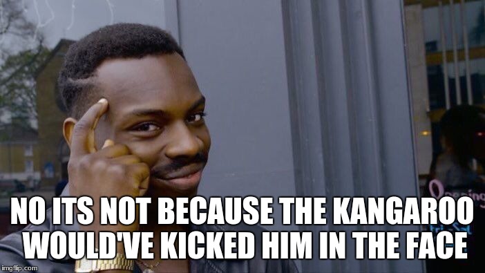 Roll Safe Think About It Meme | NO ITS NOT BECAUSE THE KANGAROO WOULD'VE KICKED HIM IN THE FACE | image tagged in memes,roll safe think about it | made w/ Imgflip meme maker