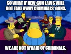 secret meeting | SO WHAT IF NEW GUN LAWS WILL NOT TAKE AWAY CRIMINALS' GUNS. WE ARE NOT AFRAID OF CRIMINALS. | image tagged in secret meeting | made w/ Imgflip meme maker