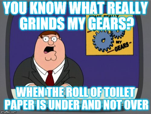 Peter Griffin News Meme | YOU KNOW WHAT REALLY GRINDS MY GEARS? WHEN THE ROLL OF TOILET PAPER IS UNDER AND NOT OVER | image tagged in memes,peter griffin news | made w/ Imgflip meme maker
